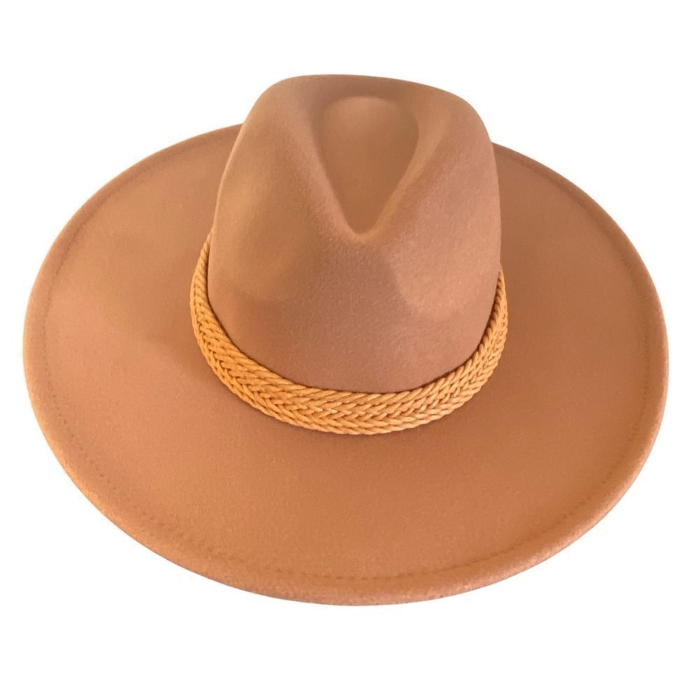 Tan Brown Wide Brim Faux Leather Braided Band Western Cowboy Hat NWT